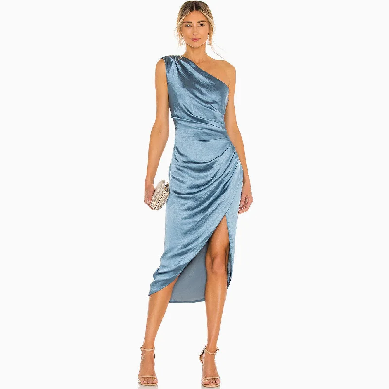 Bodycon Gown Silky High Slit Ruched One Shoulder Satin Cocktail Midi Dress - Blue