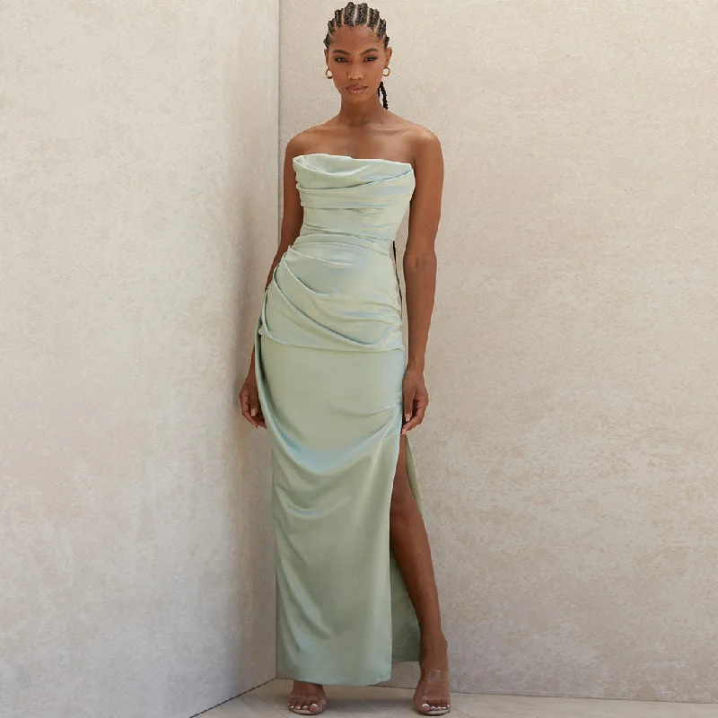 High Neck Dress Silky Satin High Slit Ruched Strapless Party Maxi Dress - Sage Green