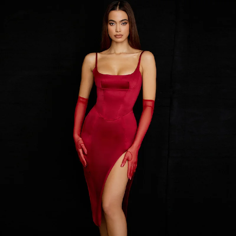 Ruched Satin Dress Silky Satin Square Neck High Slit Cocktail Party Midi Dress - Burgundy Ruched Satin Dress Silky Satin Square Neck High Slit Cocktail Party Midi Dress - Burgundy