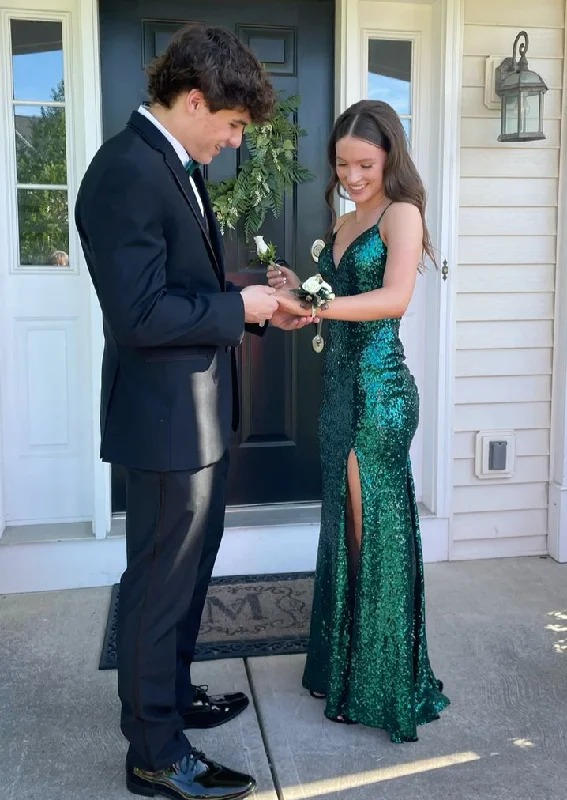 Formal Red Dress Emerald Green Backless Sequined Long Prom Dress with Slit,DP1355