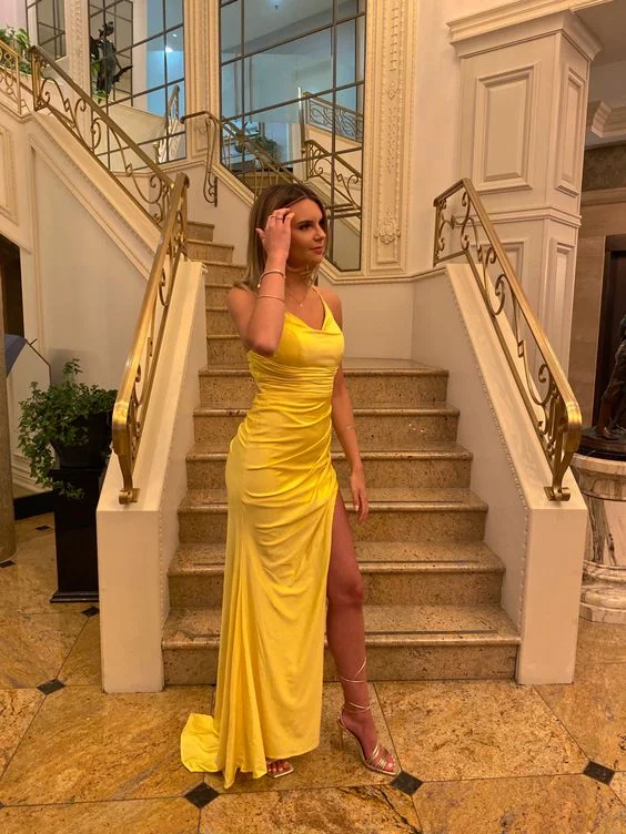Cocktail Dress Yellow Satin Sheath Long Prom Dress with Slit,DP1202