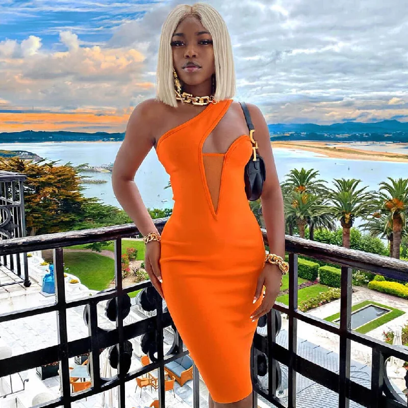Showstopper Dress Sleeveless One Shoulder Mesh Panel Bodycon Bandage Midi Dress - Burnt Orange Showstopper Dress Sleeveless One Shoulder Mesh Panel Bodycon Bandage Midi Dress - Burnt Orange