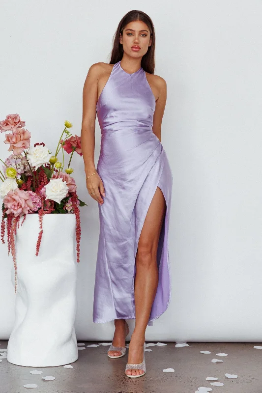 Gorgeous Party Dress Sonoma Halterneck Faux Wrap Twist Back Maxi Dress Lavender