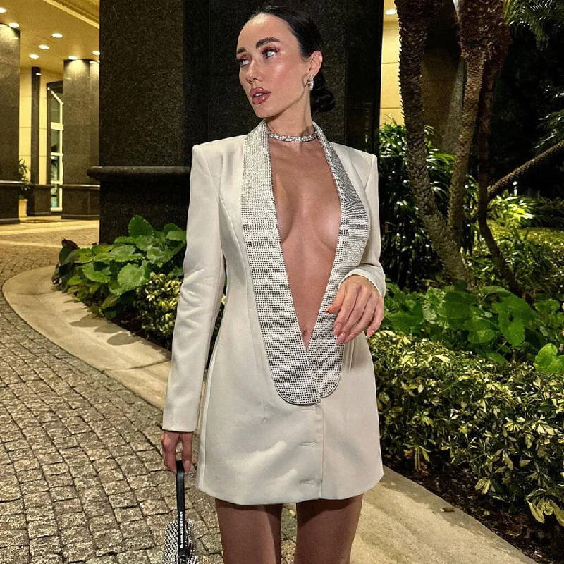 Lace Sleeves Dress Sparkly Crystal Shawl Collar Backless Cutout Micro Short Blazer Mini Dress Lace Sleeves Dress Sparkly Crystal Shawl Collar Backless Cutout Micro Short Blazer Mini Dress
