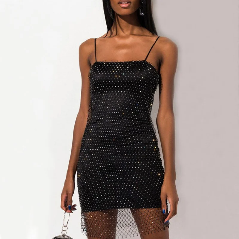 Formal Red Dress Sparkly Mesh Diamante Spaghetti Strap Bodycon Mini Dress - Black