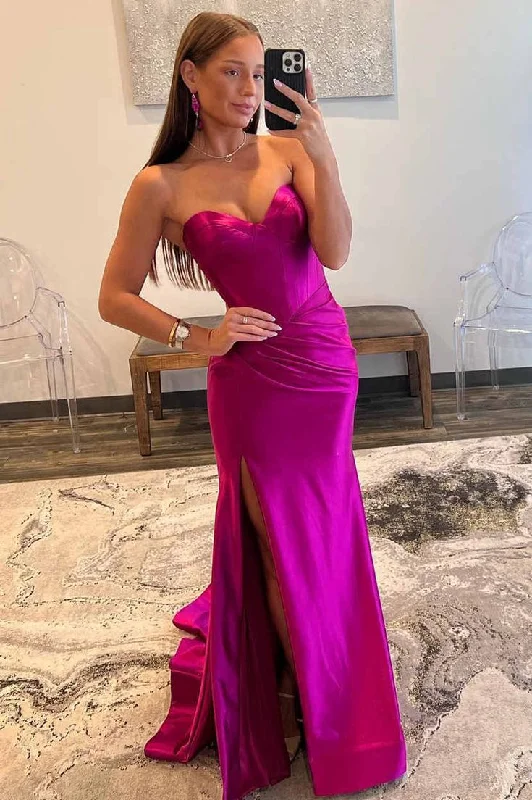 Luxe Satin Dress Fuchsia Sweetheart Strapless Satin Long Prom Dress with Slit,DP1189