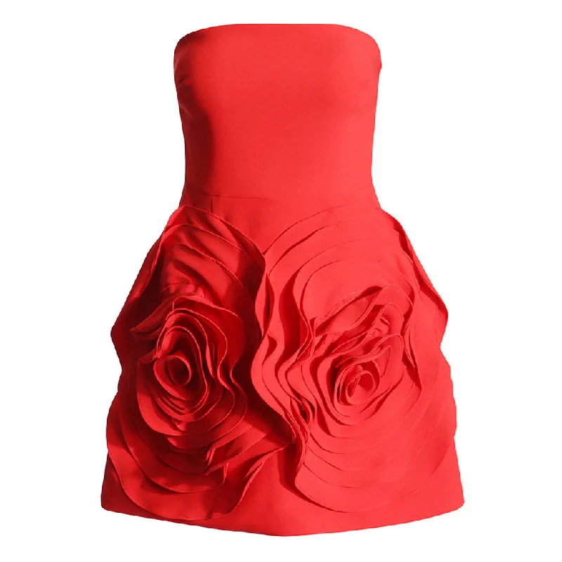 Side Slit Gown Sweet Solid Exaggerated Rosette Embellished Mini Party Tube Dress