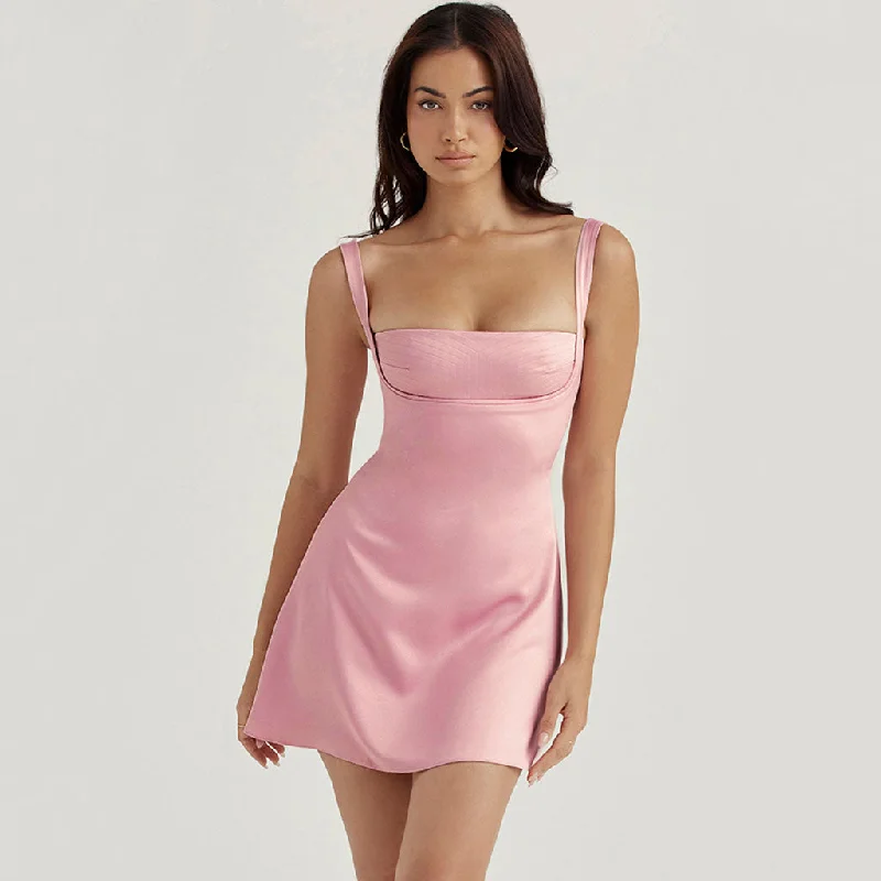 Silk Ball Gown Sweet Square Neck Suspender Strap Satin Mini Dress - Pink