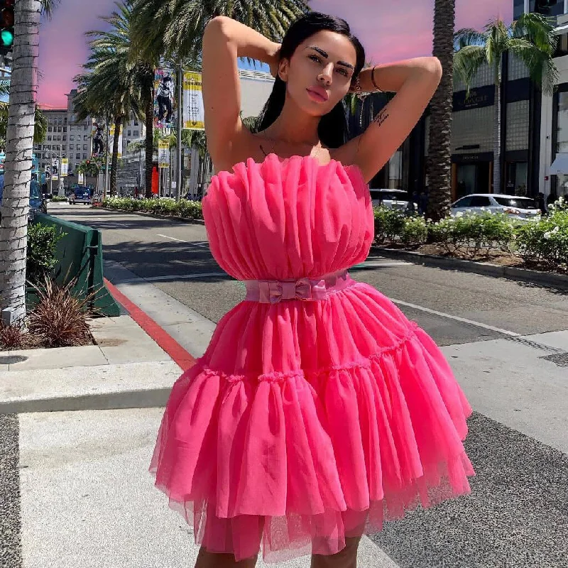 Charcoal Gray Gown Sweet Strapless Ruffle Bowknot Front Tulle Bandeau Mini Dress - Rose Charcoal Gray Gown Sweet Strapless Ruffle Bowknot Front Tulle Bandeau Mini Dress - Rose