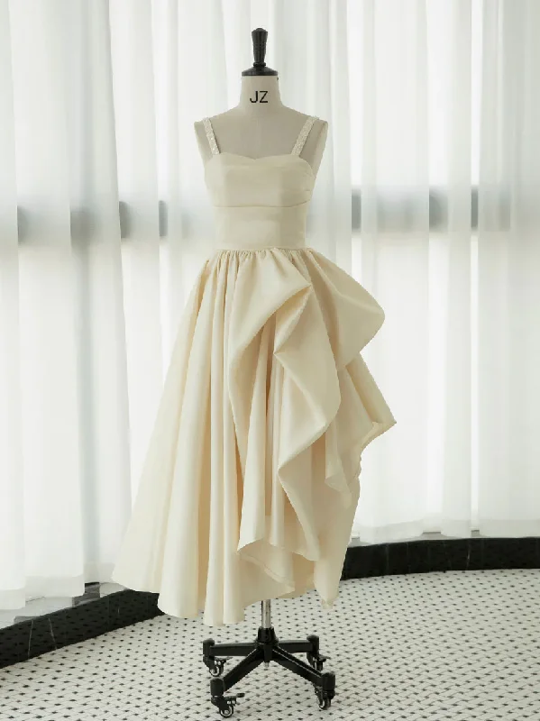 Chic Satin Dress Ivory Satin Tea Length Prom Dress Formal Party Dress,DP1216