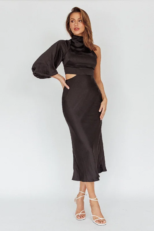Dreamy Wedding Gown Thessaly One Sleeve Midi Dress Black