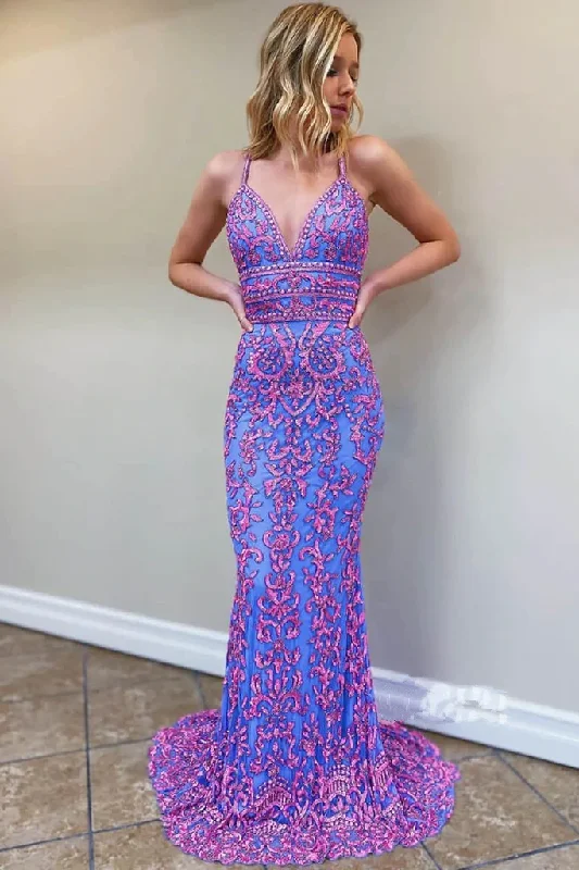 Fit And Flare Dress Purple V-Neck Appliques Straps Mermaid Long Prom Dress Formal Evening Dress,DP1370