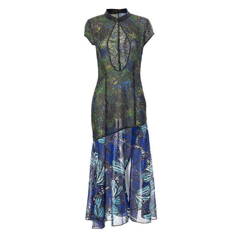 Beaded Dress Vintage Butterfly Mandarin Collar Cutout Side Split Chiffon Vacation Midi Dress Beaded Dress Vintage Butterfly Mandarin Collar Cutout Side Split Chiffon Vacation Midi Dress