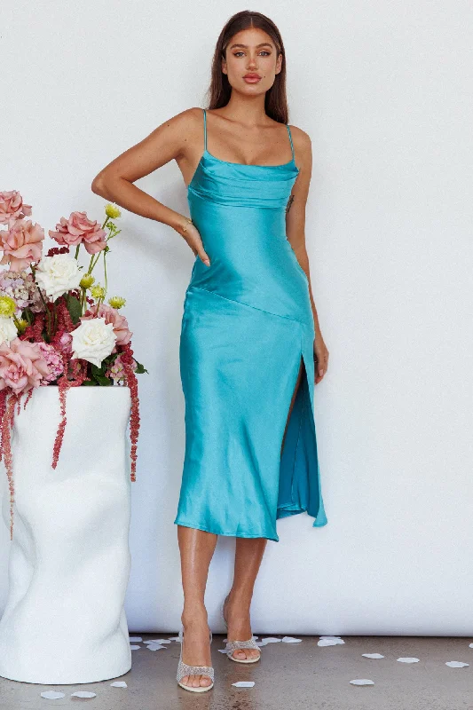 Elegant Gown Well Versed Pleated Bust Front Split Dress Aqua