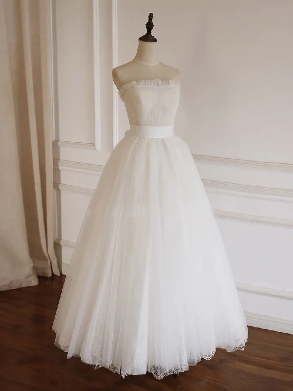 Statement Sleeve Dress White A-Line Strapless Tulle Lace Long Prom Dress Formal Party Dress,DP1220