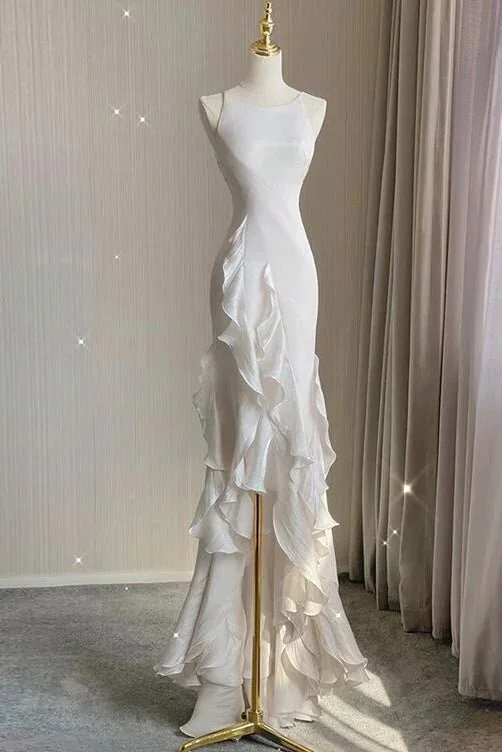 Fancy Evening Dress White Chiffon Sheath Backless Party Dress With Ruffles Long Prom Dress,DP1363 Fancy Evening Dress White Chiffon Sheath Backless Party Dress With Ruffles Long Prom Dress,DP1363