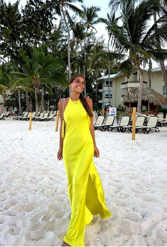 Sweetheart Neckline Dress Yellow Halter Backless Party Dress Wedding Guest Dress with Slit,DP1209 Sweetheart Neckline Dress Yellow Halter Backless Party Dress Wedding Guest Dress with Slit,DP1209