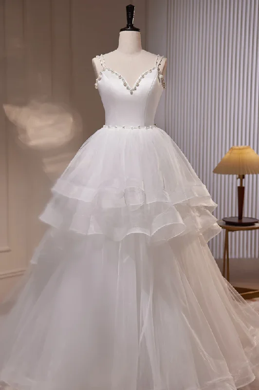 Party Ready Dress White V Neck Spaghetti Straps Beading A-Line Tulle Long Prom Dress,DP1350