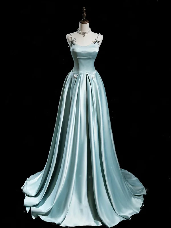 Backless Dress A-Line Blue Satin Long Prom Dress, Blue Long Formal Dress