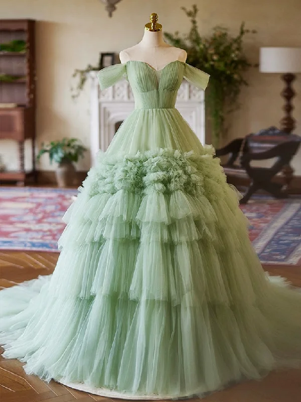 Lace Sleeves Dress A-Line Off Shoulder Sweetheart Neck Tulle Green Long Prom Dress