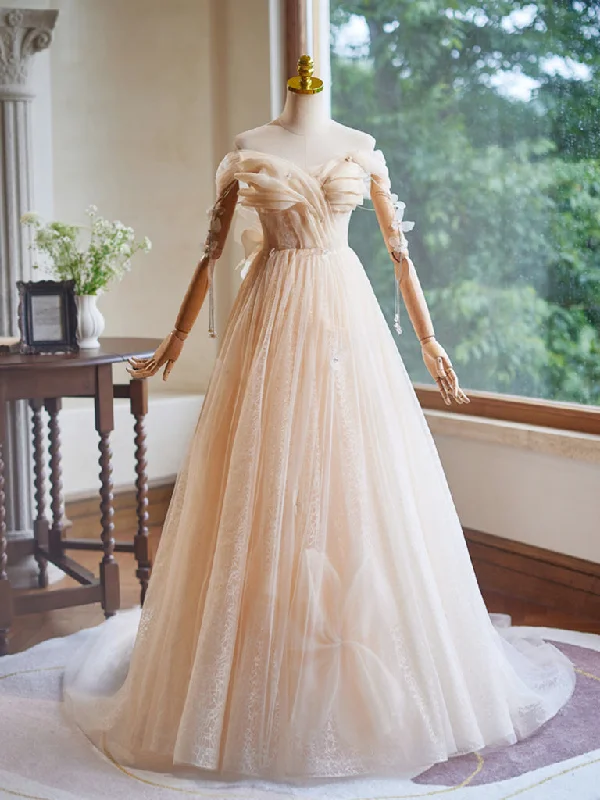 Drape Sleeve Dress A-Line Off Shoulder Tulle Champagne Long Prom Dress, Champagne Long Formal Dress Drape Sleeve Dress A-Line Off Shoulder Tulle Champagne Long Prom Dress, Champagne Long Formal Dress