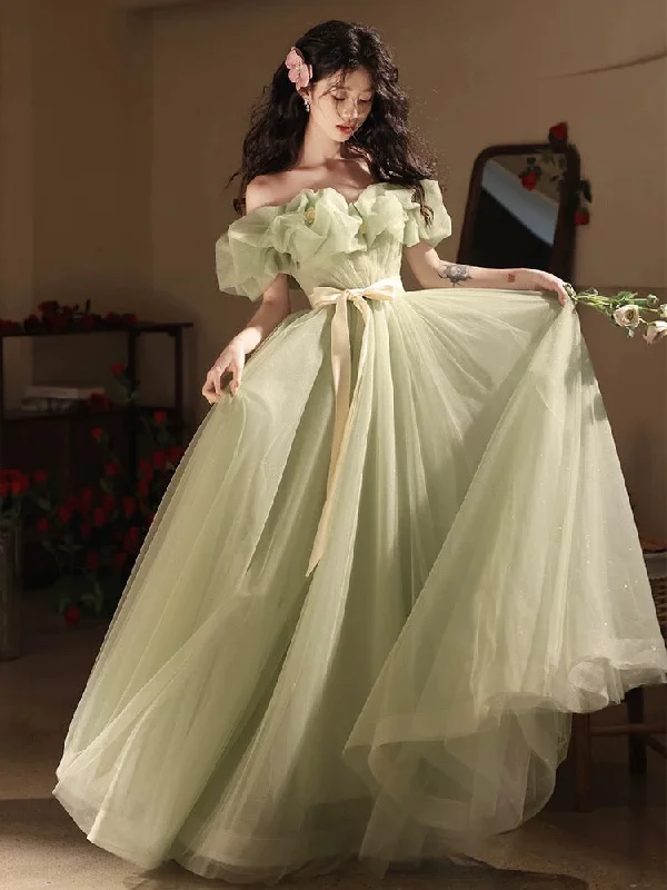 Taffeta Dress A-Line Off Shoulder Tulle Green Long Prom Dress, Green Long Formal Dress