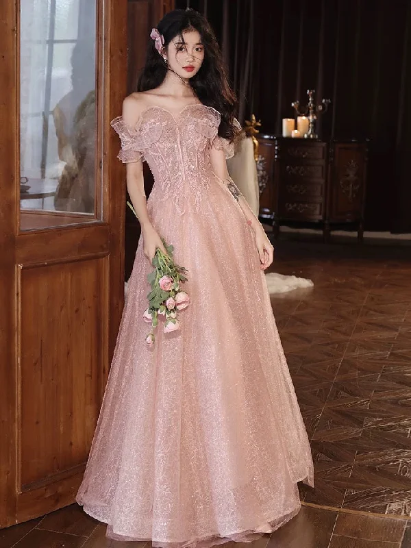 High Neck Dress A-Line Off Shoulder Tulle Sequin Pink Long Prom Dress, Pink Long Formal Dress High Neck Dress A-Line Off Shoulder Tulle Sequin Pink Long Prom Dress, Pink Long Formal Dress