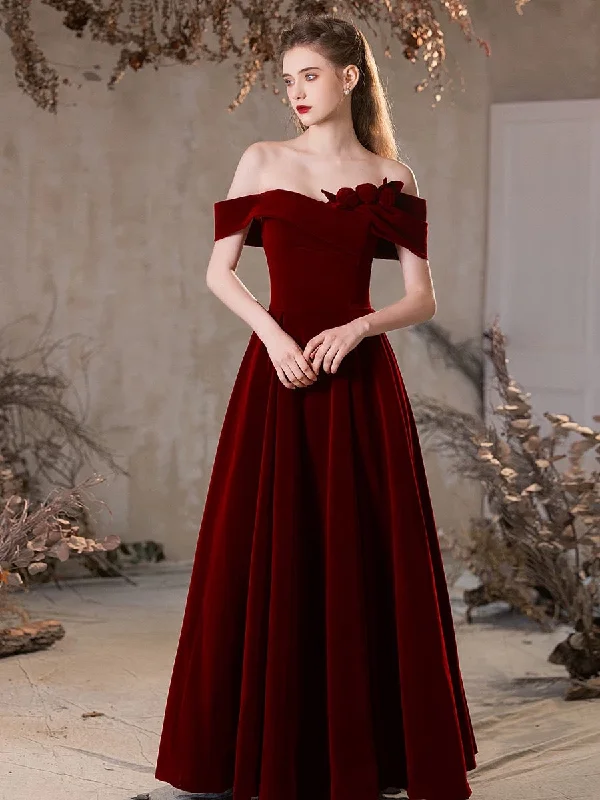 Perfect Fit Dress A-Line Off Shoulder Velvet Burgundy Long Prom Dress, Burgundy Long Formal Dress Perfect Fit Dress A-Line Off Shoulder Velvet Burgundy Long Prom Dress, Burgundy Long Formal Dress