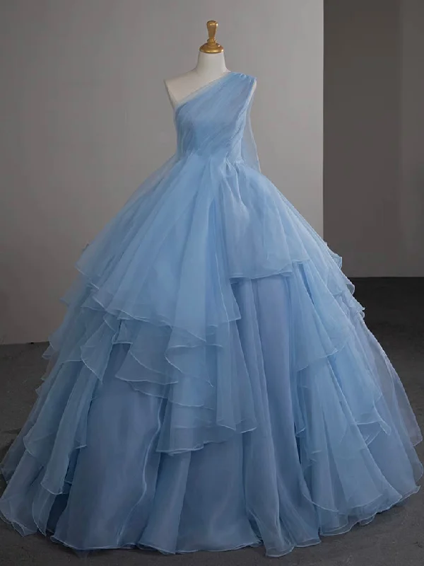 Lace Dress A-Line One Shoulder Tulle Blue Long Prom Dress, Blue Long Evening Dress