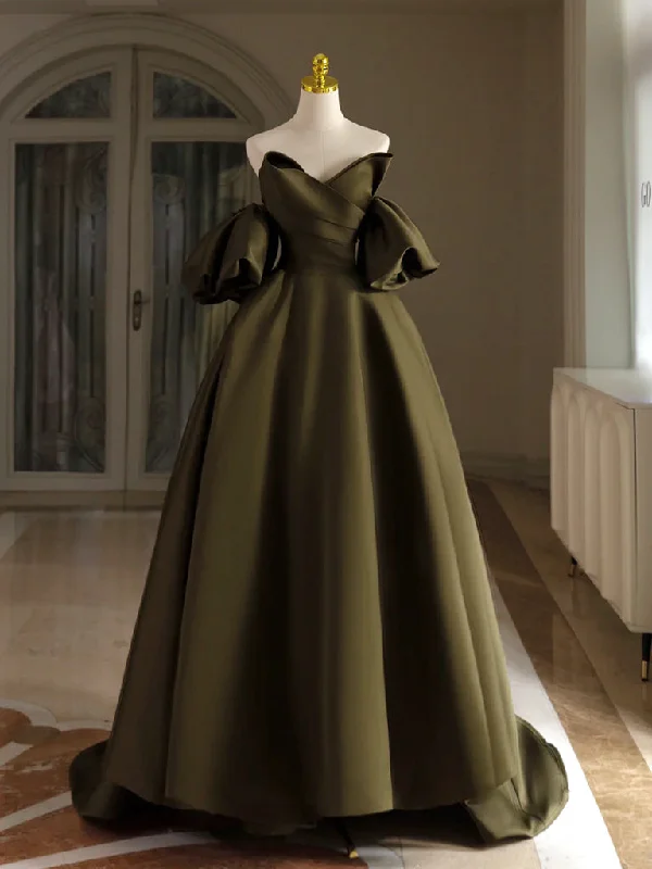 Modern Tulle Dress A-Line Puff Sleeves Olive Green Satin Long Prom Dress, Olive Green Long Formal Dress Modern Tulle Dress A-Line Puff Sleeves Olive Green Satin Long Prom Dress, Olive Green Long Formal Dress