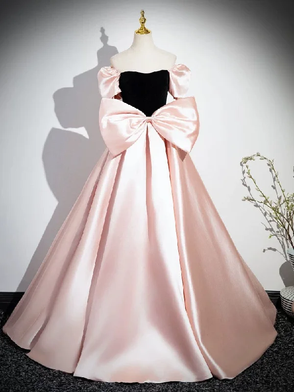 Simple Formal Dress A-Line Puff Sleeves Pink Long Prom Dress, Pink Long Evening Dress Simple Formal Dress A-Line Puff Sleeves Pink Long Prom Dress, Pink Long Evening Dress