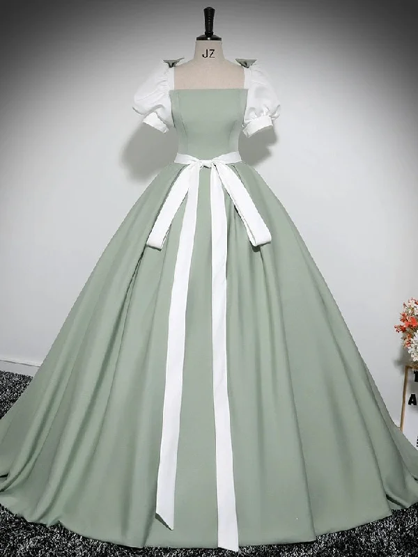 Royal Blue Dress A-Line Puff Sleeves Satin Green Long Prom Dress, Green Long Formal Dress Royal Blue Dress A-Line Puff Sleeves Satin Green Long Prom Dress, Green Long Formal Dress