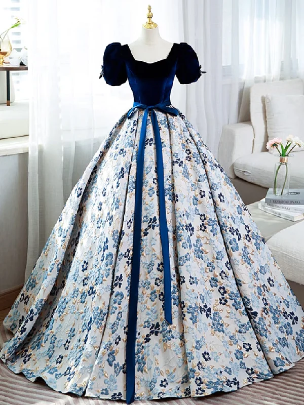 Ruched Satin Dress A-Line Puff Sleeves Velvet Satin Blue Long Prom Dress, Blue Long Evening Dress Ruched Satin Dress A-Line Puff Sleeves Velvet Satin Blue Long Prom Dress, Blue Long Evening Dress