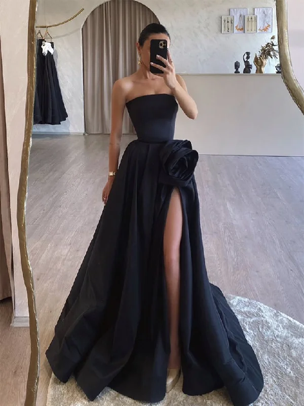 Off-Shoulder Dress A-Line Satin Black Long Prom Dress, Black Long Formal Dress