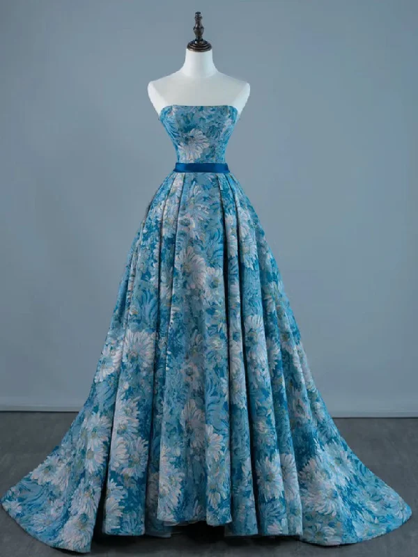 Full Skirt Dress A-Line Satin Blue Long Prom Dress, Blue Long Formal Dress