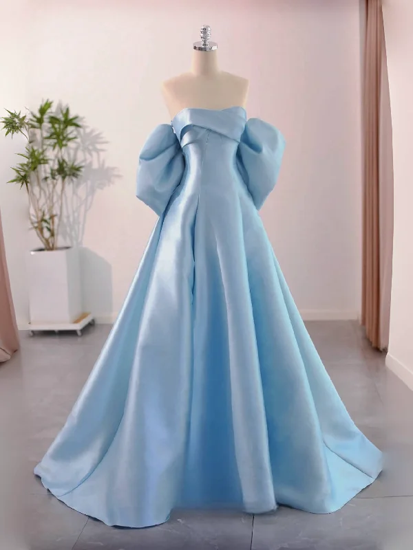 Embellished Maxi Dress A-Line Satin Blue Long Prom Dress with Bow