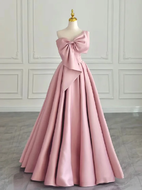 Brocade Formal Dress A-Line Satin Pink Long Prom Dress, Pink Long Formal Dress