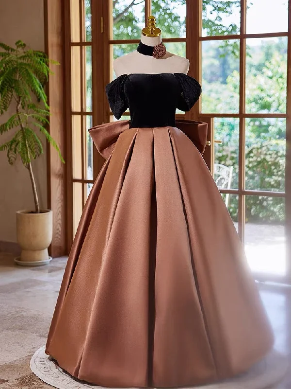 Bold Print Formal Dress A-Line Satin Velvet Brown Long Prom Dress, Brown Long Formal Dress Bold Print Formal Dress A-Line Satin Velvet Brown Long Prom Dress, Brown Long Formal Dress