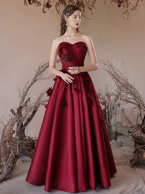 Chic Satin Dress A-Line Sweetheart Neck Satin Burgundy Long Prom Dress, Burgundy Long Formal Dress
