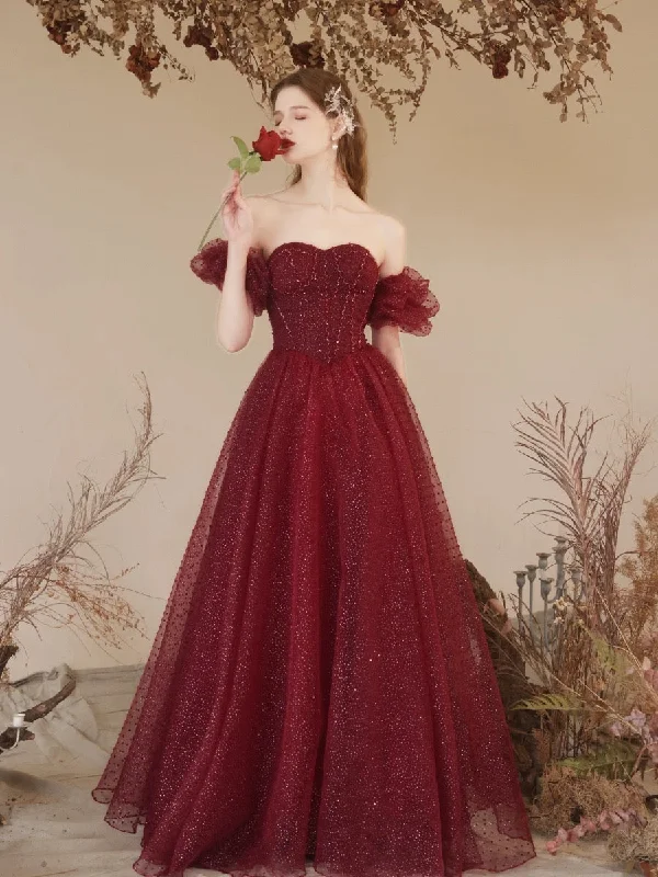 Chic Maxi Dress A-Line Sweetheart Neck Tulle Sequin Burgundy Long Prom Dress with Beads
