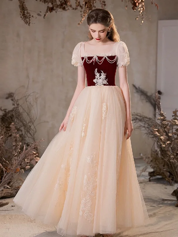 Empire Waist Gown A-Line Tulle Champagne Long Prom Dress with Beads