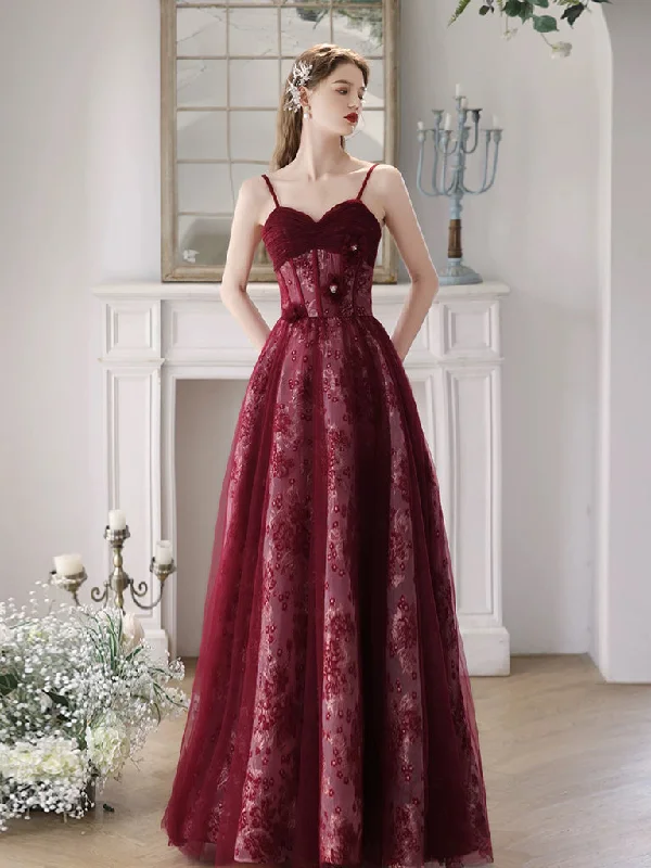 Tulle Gown A-Line Tulle Lace Burgundy Long Prom Dress, Burgundy Long Formal Dress