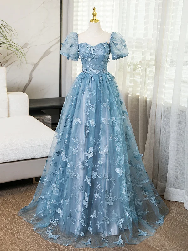 Beaded Dress A-Line Tulle Lace Gray Blue Long Prom Dress, Gray Blue Long Sweet 16 Dress Beaded Dress A-Line Tulle Lace Gray Blue Long Prom Dress, Gray Blue Long Sweet 16 Dress