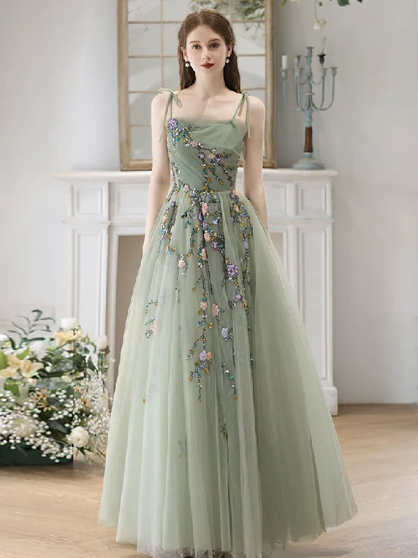 Halter Neck Dress A-Line Tulle Lace Green Long Prom Dress, Green Long Formal Dress