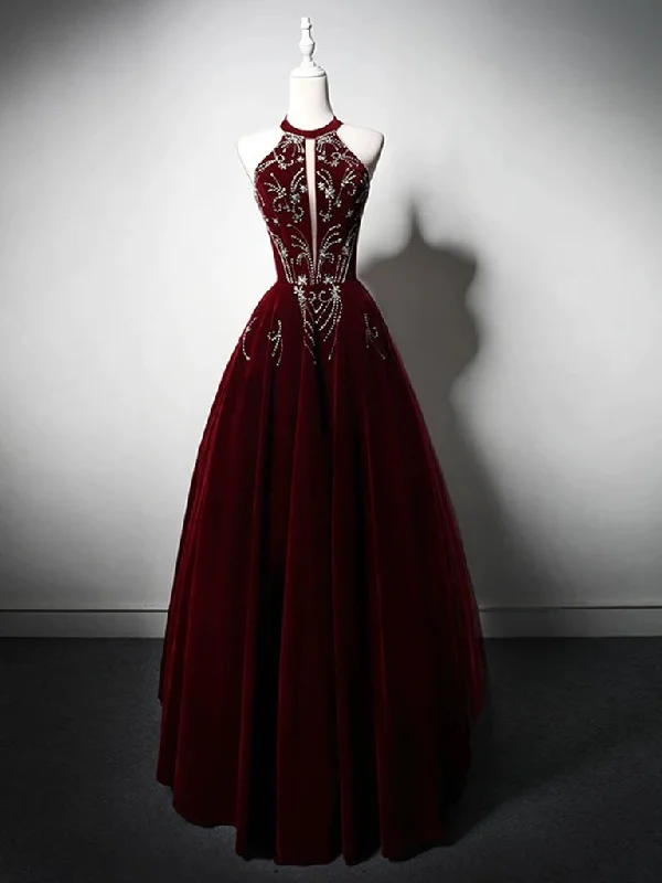 Fancy Embellished Dress A-Line Velvet Burgundy Long Prom Dress with Beads