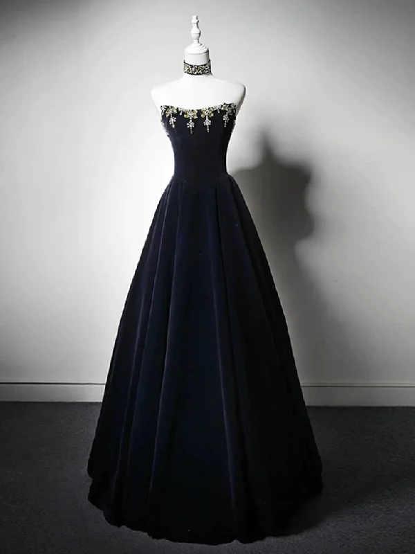 Showstopper Dress A-Line Velvet Dark Blue Long Prom Dress With Beads
