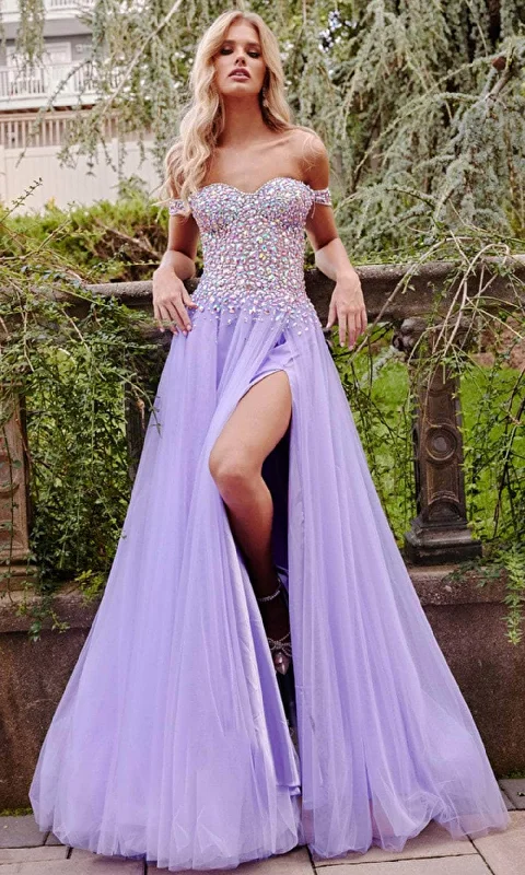 Pleated Gown Jovani 23963 - Off Shoulder Rhinestone Accented Gown
