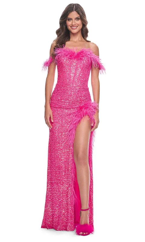 Elegant Wedding Gown La Femme 32150 - Feather Accent Off Shoulder Prom Gown