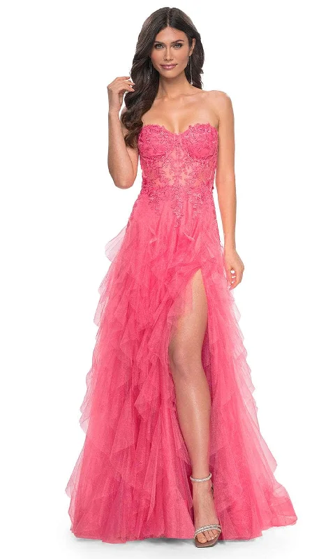 Draped Satin Gown La Femme 32286 - Strapless Ruffle A-Line Prom Gown