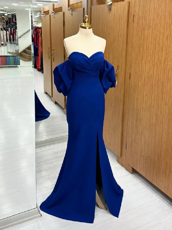 Glittering Evening Gown Mermaid Sweetheart Neck Satin Royal Blue Long Prom Dress